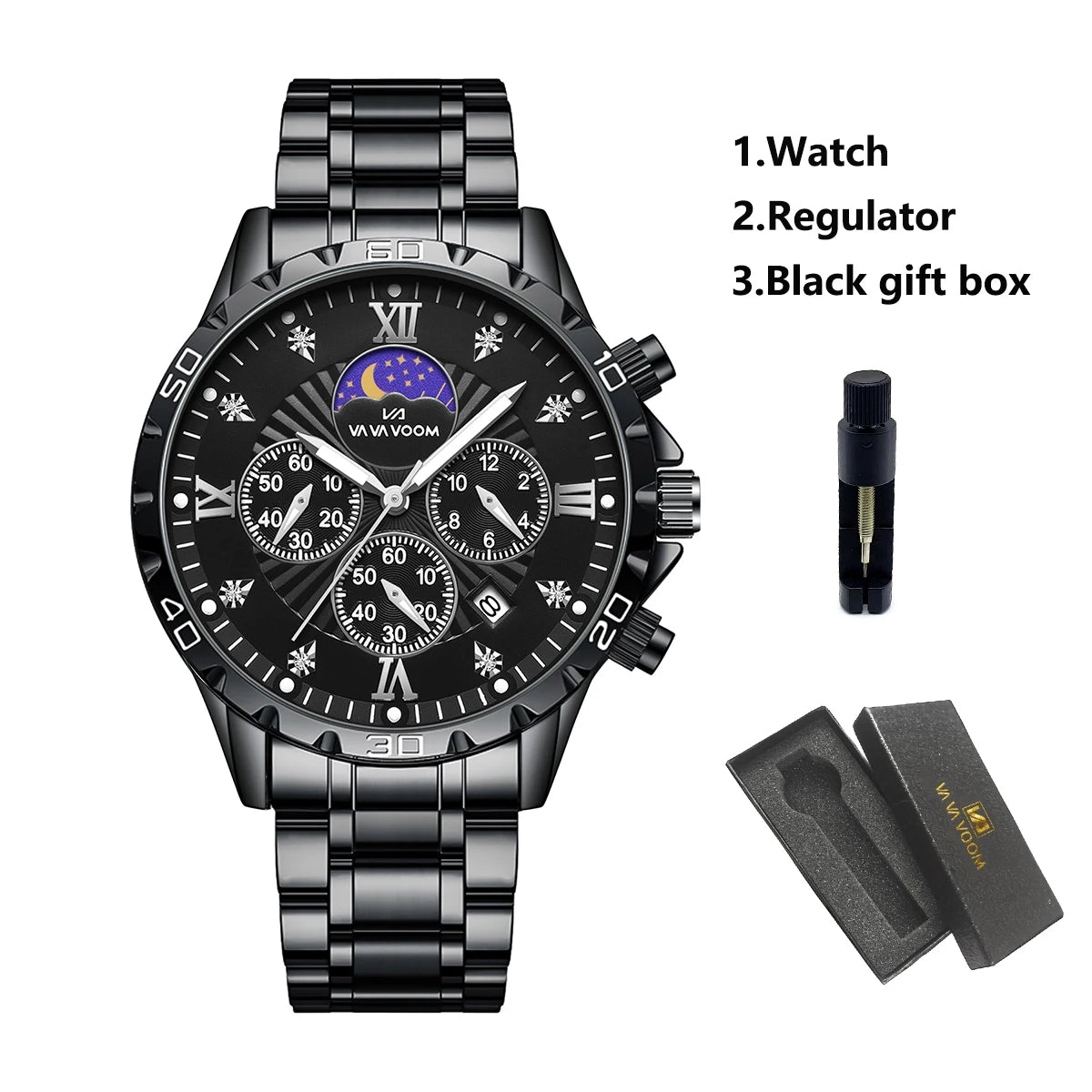 Men's Luxurious Rhinestone Moonlight Quartz Watch Stainless Steel Multifunctional Business