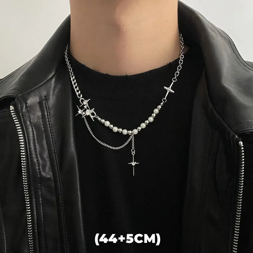 Hip Hop Zircon Star Double Layer Necklace for Men and Women Trendy Titanium Steel Jewelry