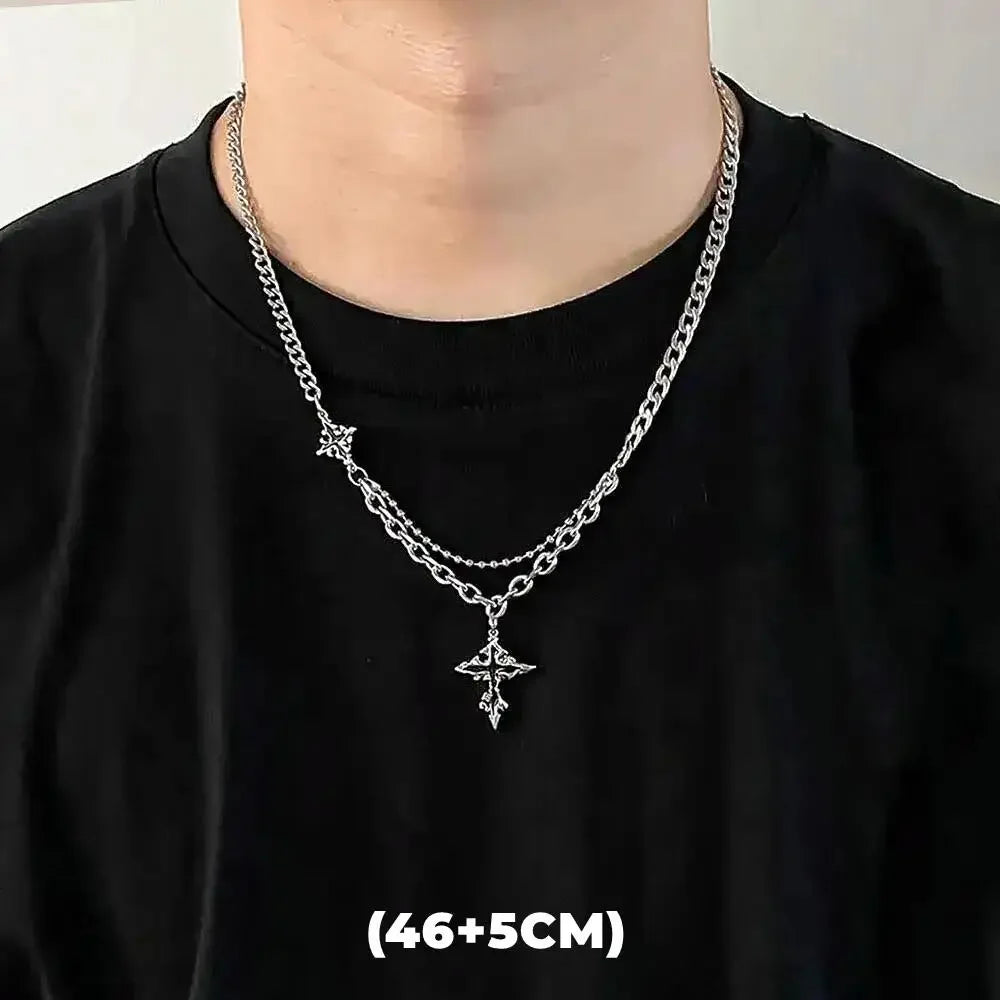 Hip Hop Zircon Star Double Layer Necklace for Men and Women Trendy Titanium Steel Jewelry