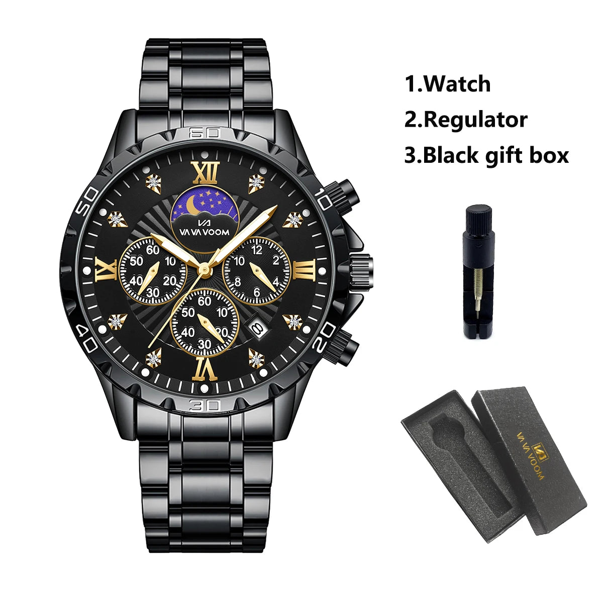 Men's Luxurious Rhinestone Moonlight Quartz Watch Stainless Steel Multifunctional Business