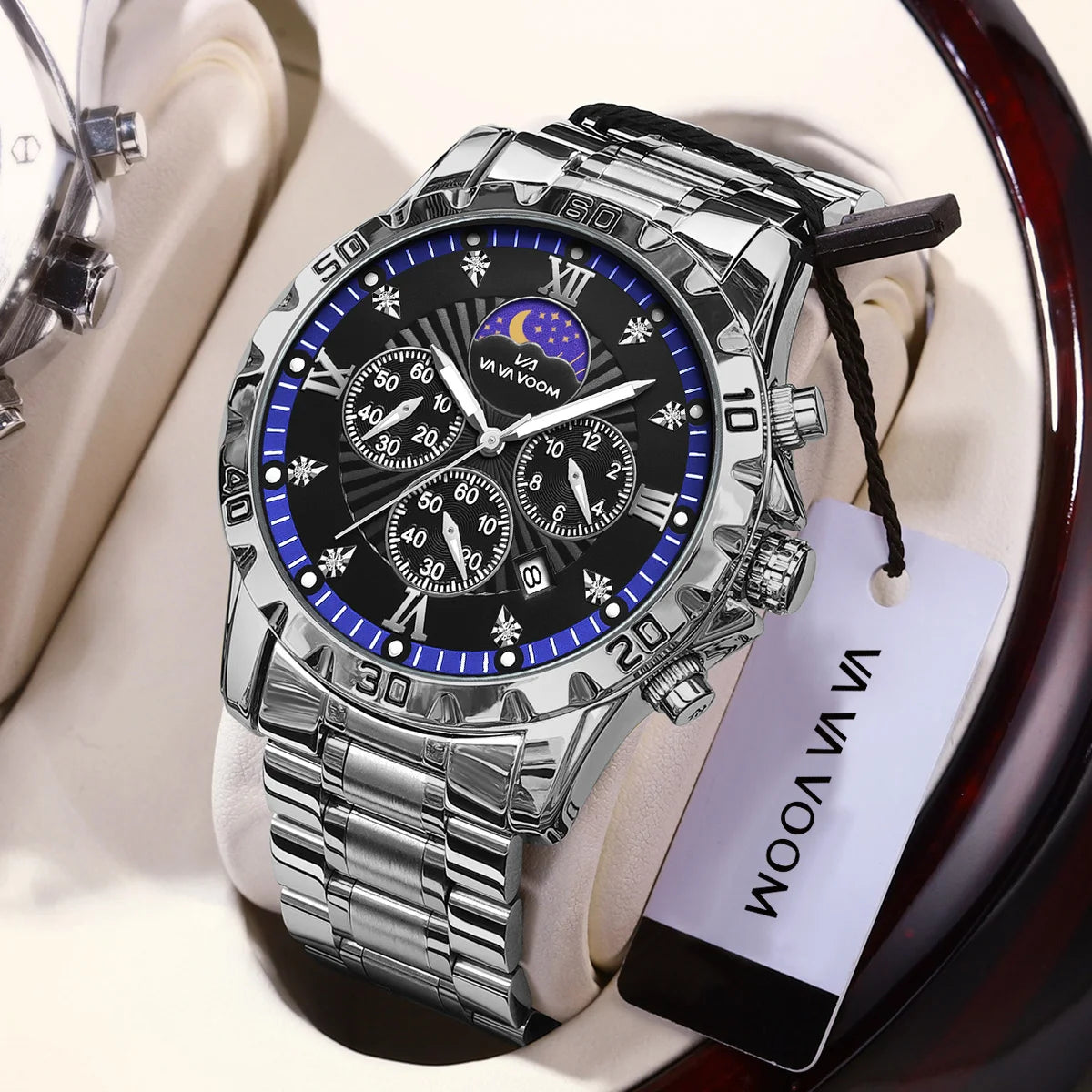 Men's Luxurious Rhinestone Moonlight Quartz Watch Stainless Steel Multifunctional Business
