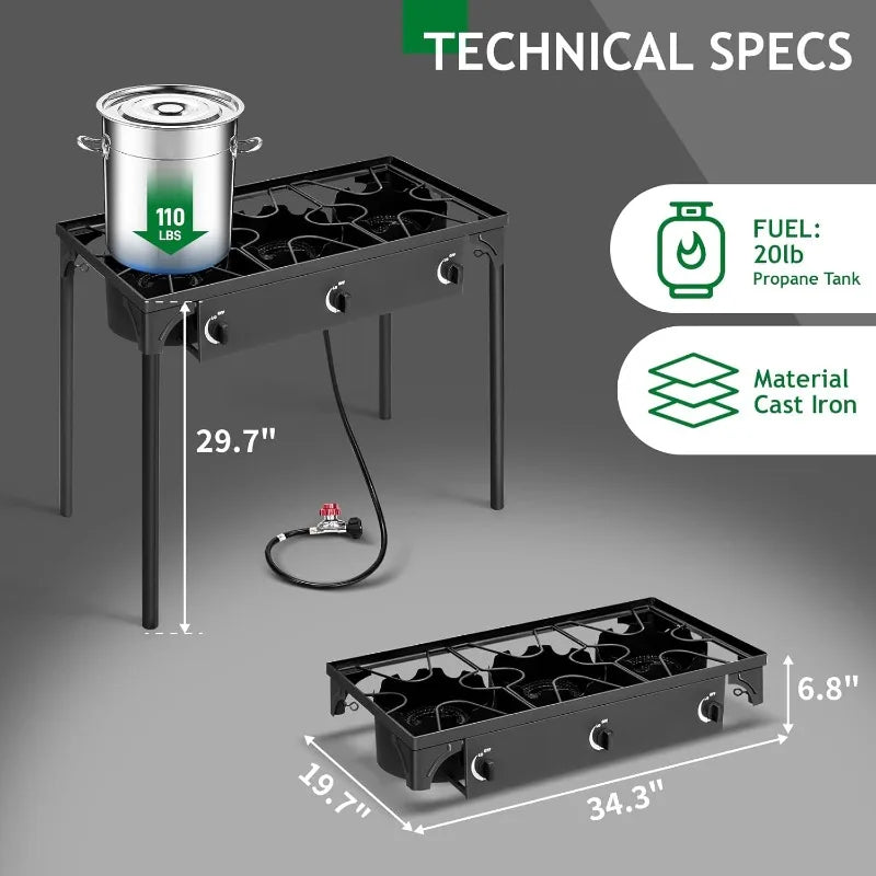 Outvita 3 Burner Propane Gas Stove 225000 BTU Outdoor Camping Cooker with Removable Legs