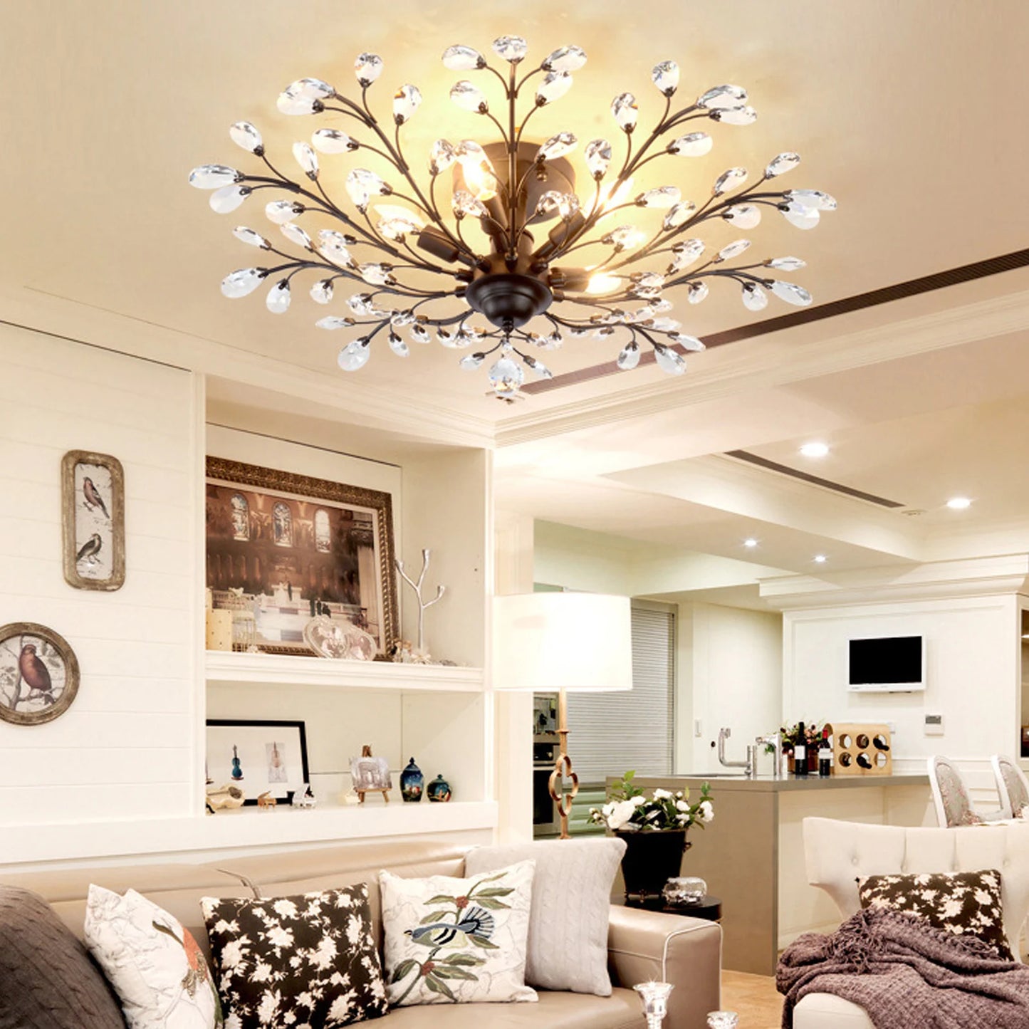 Vintage Crystal Chandelier Ceiling Light, 110V E12 Base LED Ceiling Lamp Fixture, Black Chandelier for Living Room Bedroom Porch