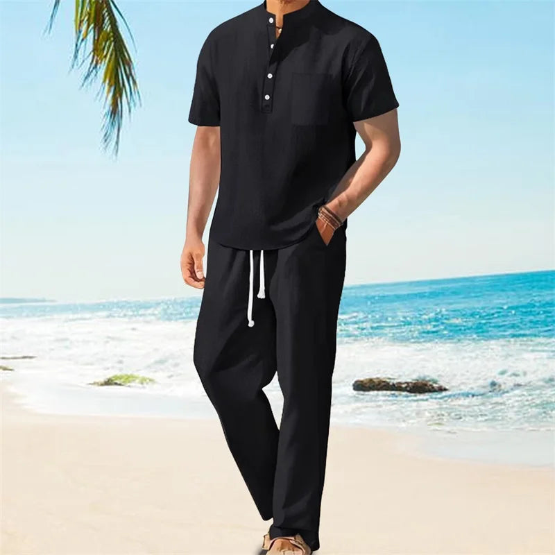 Men's Casual 2 Piece Outfit Short Sleeve Henley Top and Drawstring Pants Set