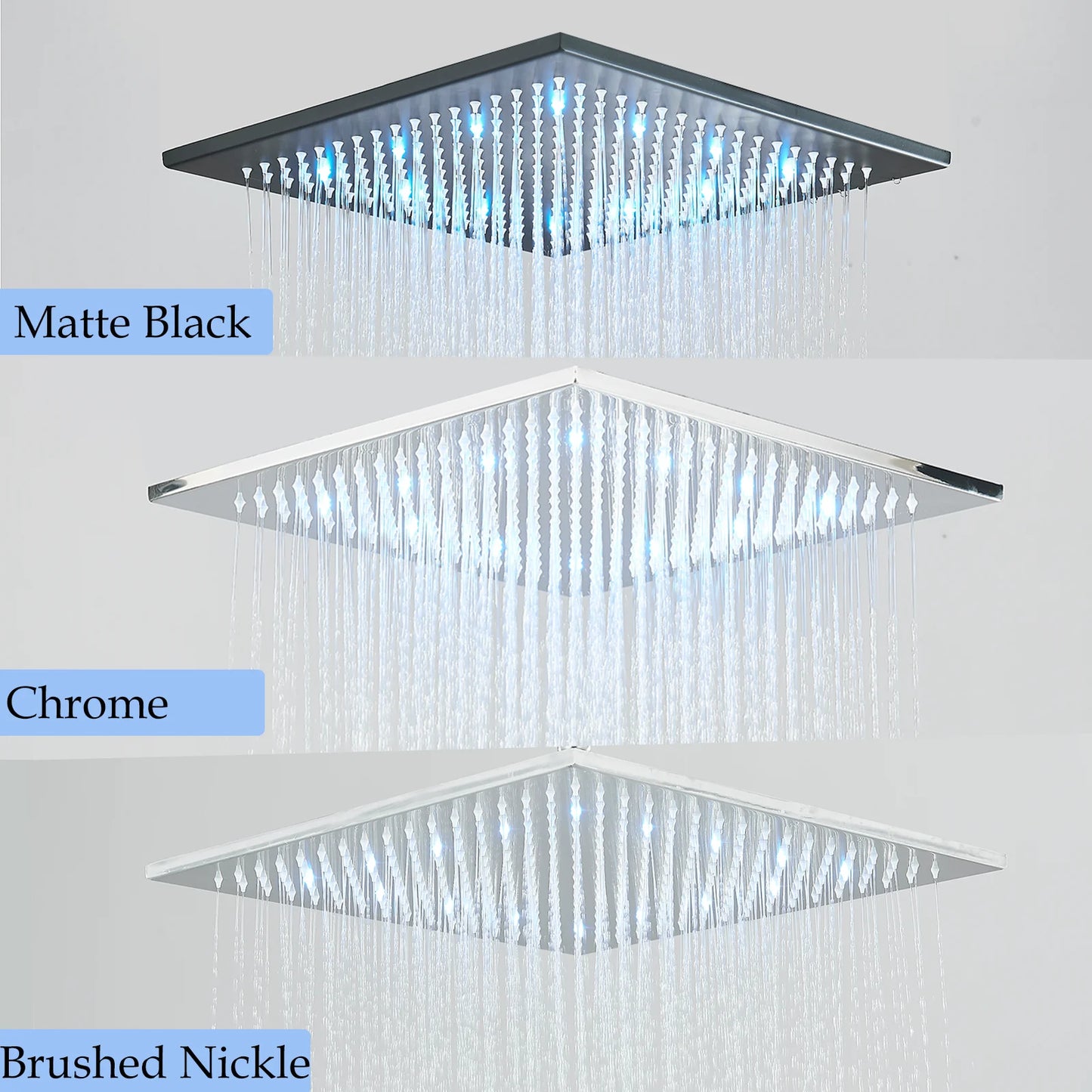 Chrome Bathroom 16inch Large Rainfall Shower Faucet LED Spray Wall Mounted Hot Cold Tap 3 Color Changing Head Home Replace