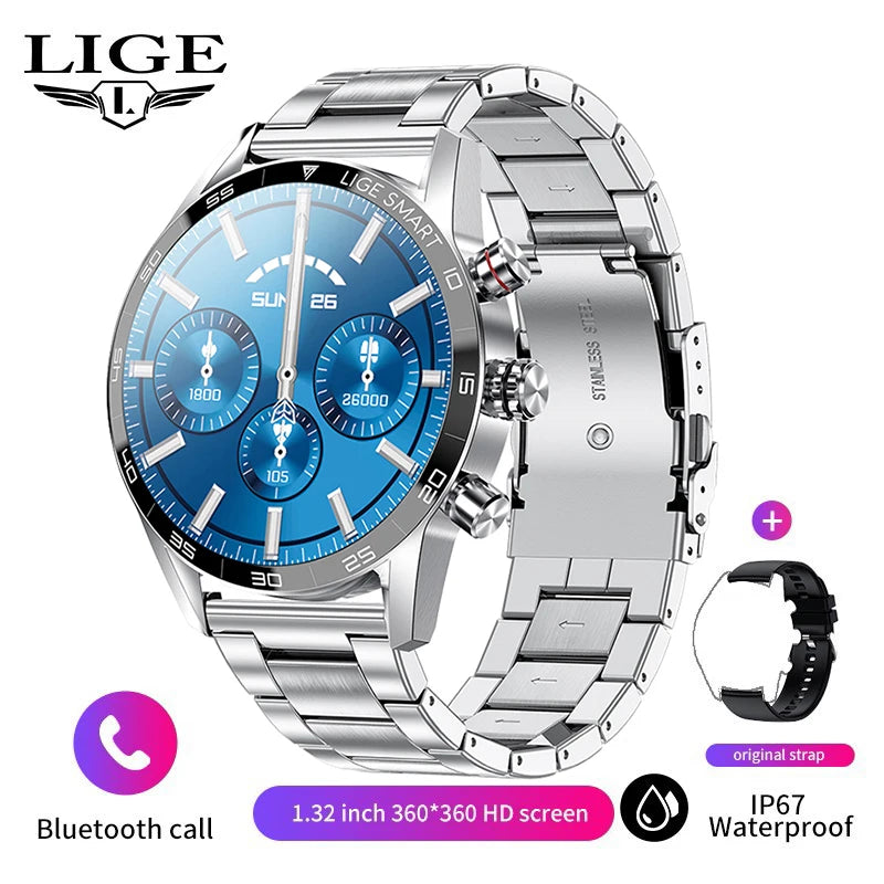 LIGE Smartwatch For Men AMOLED Screen Waterproof Smartband Bluetooth Call Compatible