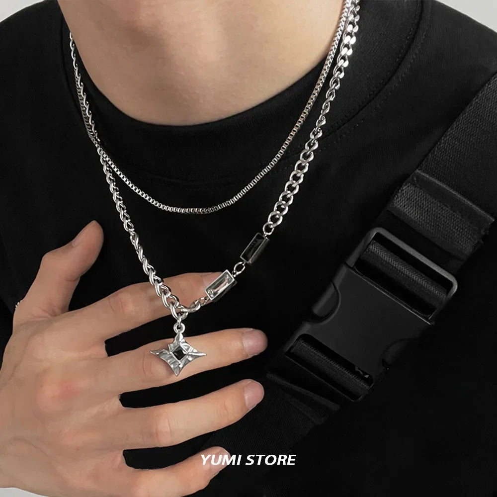 Hip Hop Zircon Star Double Layer Necklace for Men and Women Trendy Titanium Steel Jewelry