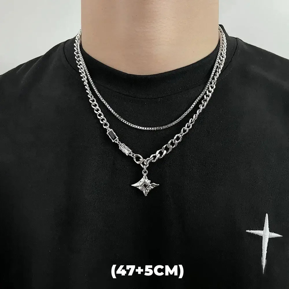 Hip Hop Zircon Star Double Layer Necklace for Men and Women Trendy Titanium Steel Jewelry