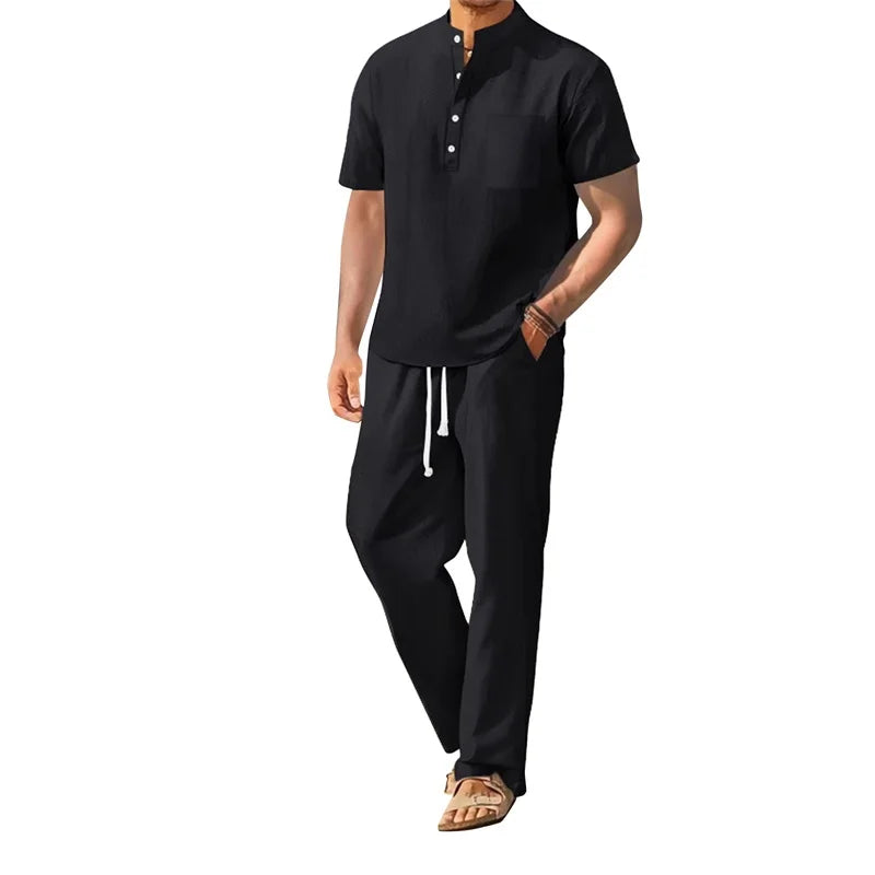 Men's Casual 2 Piece Outfit Short Sleeve Henley Top and Drawstring Pants Set