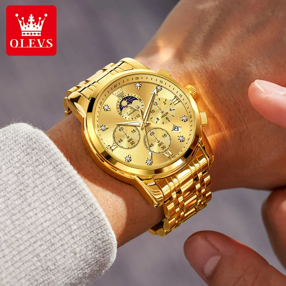 OLEVS Luxury Men's Moon Phase Chronograph Quartz Watch Gold Stainless Steel Luminous