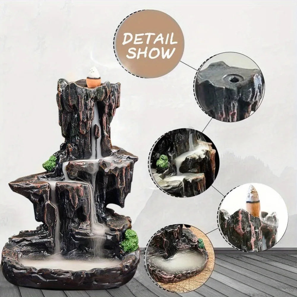 Waterfall Monk Incense Burner Mountain Tower Incense Holders with 120 Backflow Incense Cones + 30 Incense Stick for Home Office
