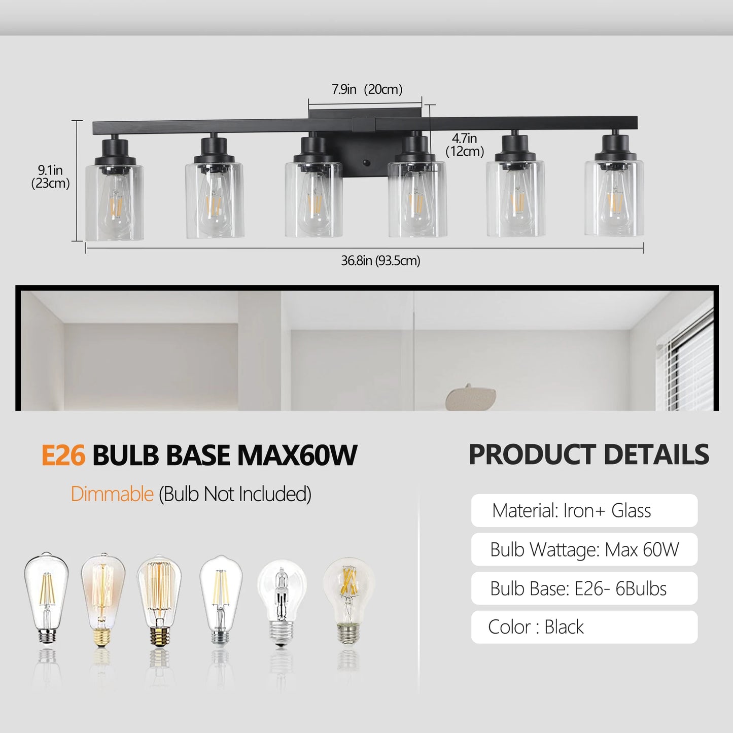 6-Light Bathroom Vanity Light Industrial Metal Fixture with Clear Glass Shades Wall Mount Mirror Lighting for Bathroom (No Bulb)