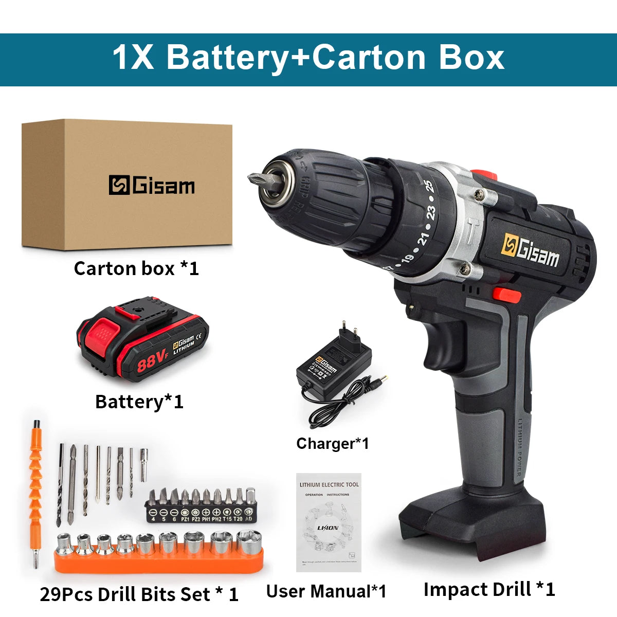 25+3 Torque Cordless Drill Electric Screwdriver Rechargeable Electric Drill Lithium-Ion Battery 2 Speed DIY Driver Power Tools