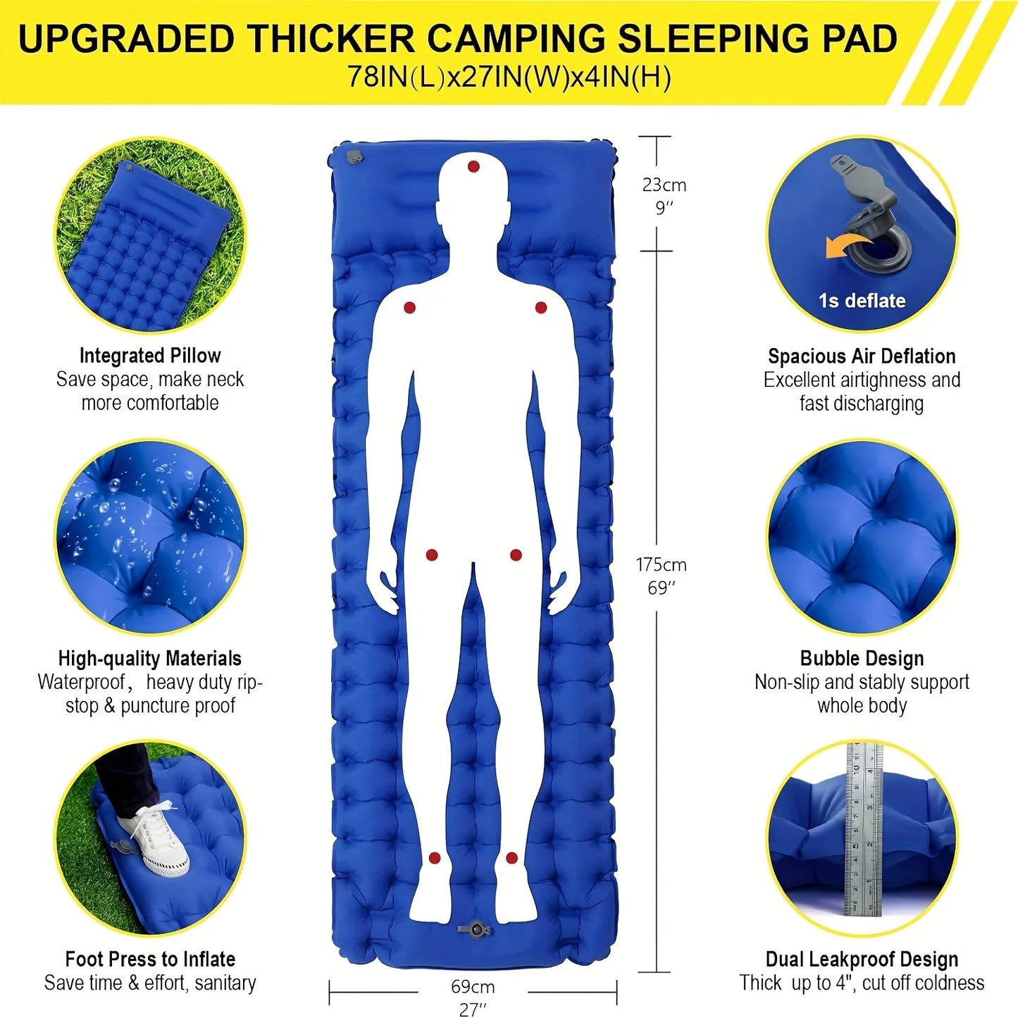 Super Thick 4 Inch Inflatable Sleeping Mat with Pillow and Built-In Pump for Camping