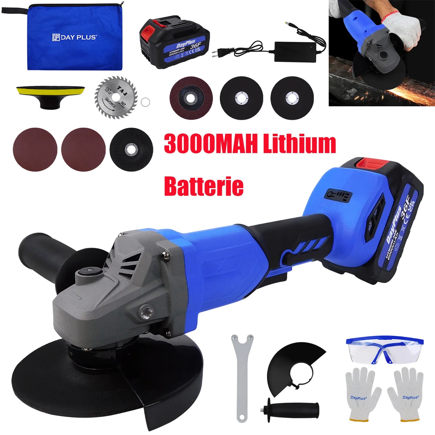 DayPlus 21V Brushless Cordless 115mm Angle Grinder with 3 Speed Modes and Battery Charger