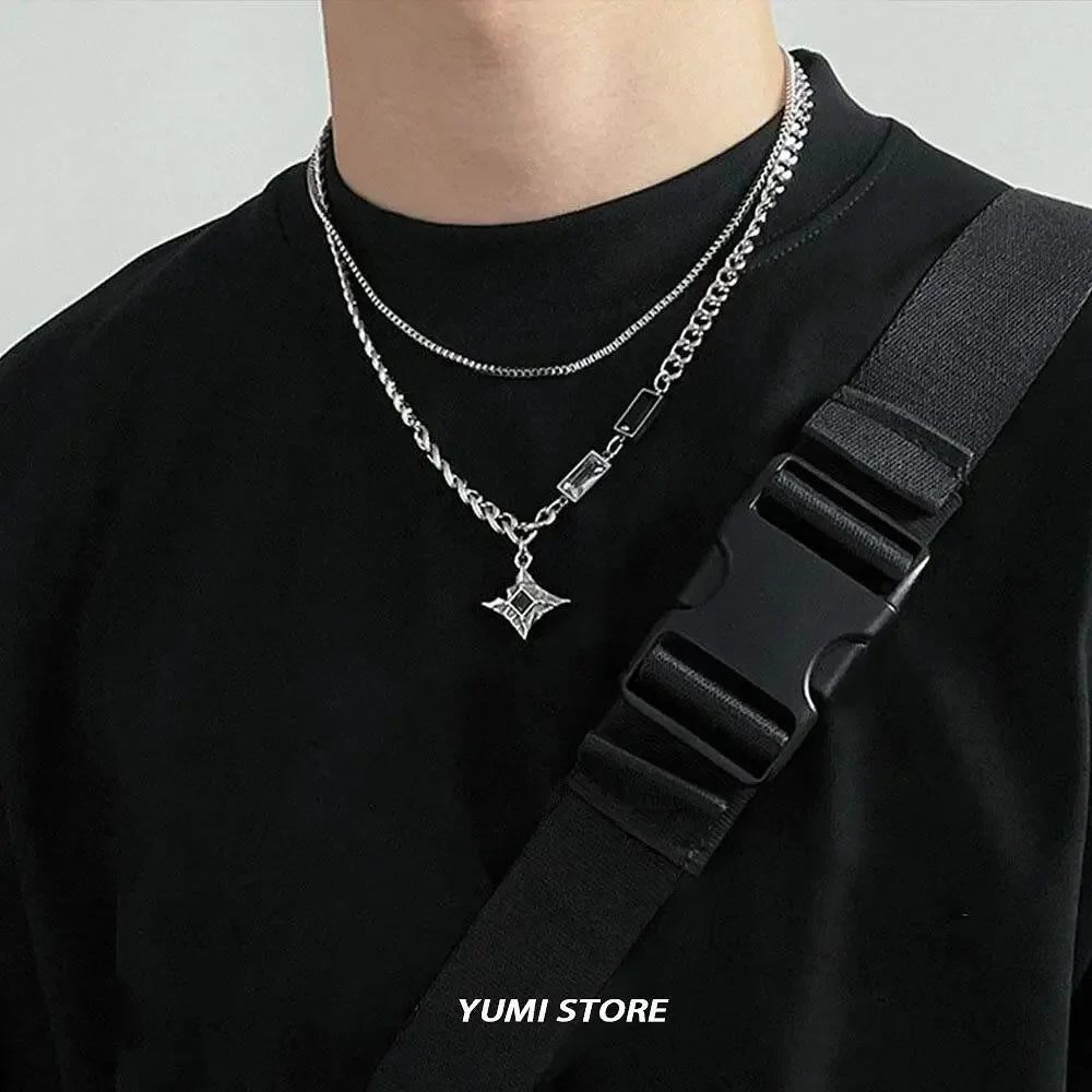 Hip Hop Zircon Star Double Layer Necklace for Men and Women Trendy Titanium Steel Jewelry