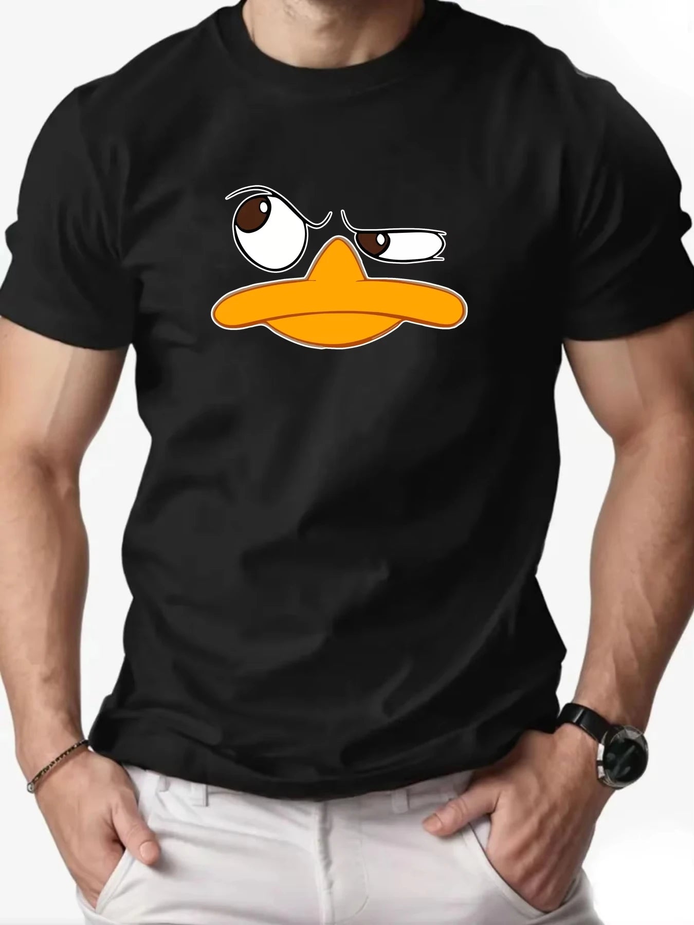 Men's Funny Duck Cartoon Print Cotton T Shirt Casual Summer Round Neck Short Sleeve Top