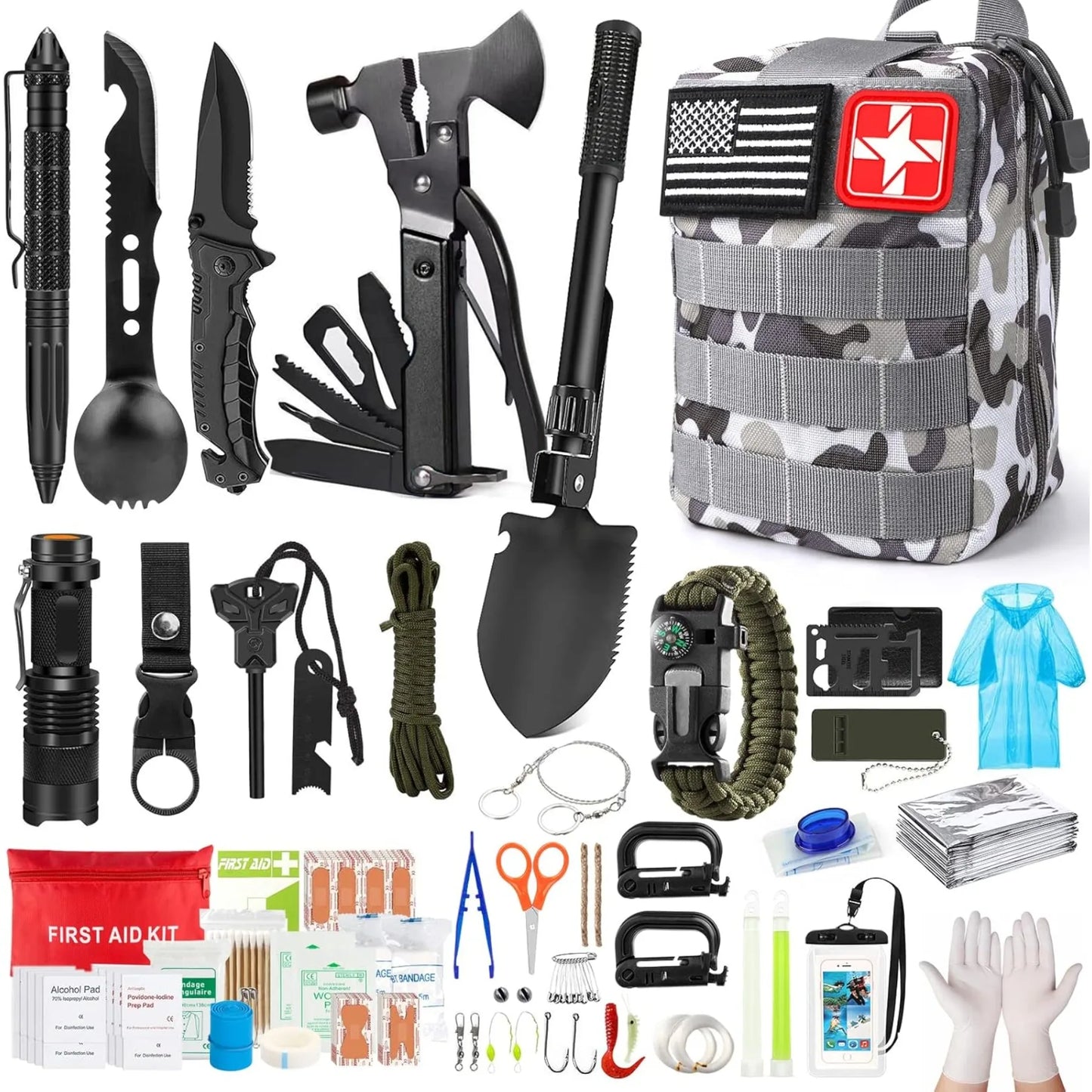 Comprehensive 222 Piece Survival Kit with First Aid Gear for Camping and Outdoor Adventures