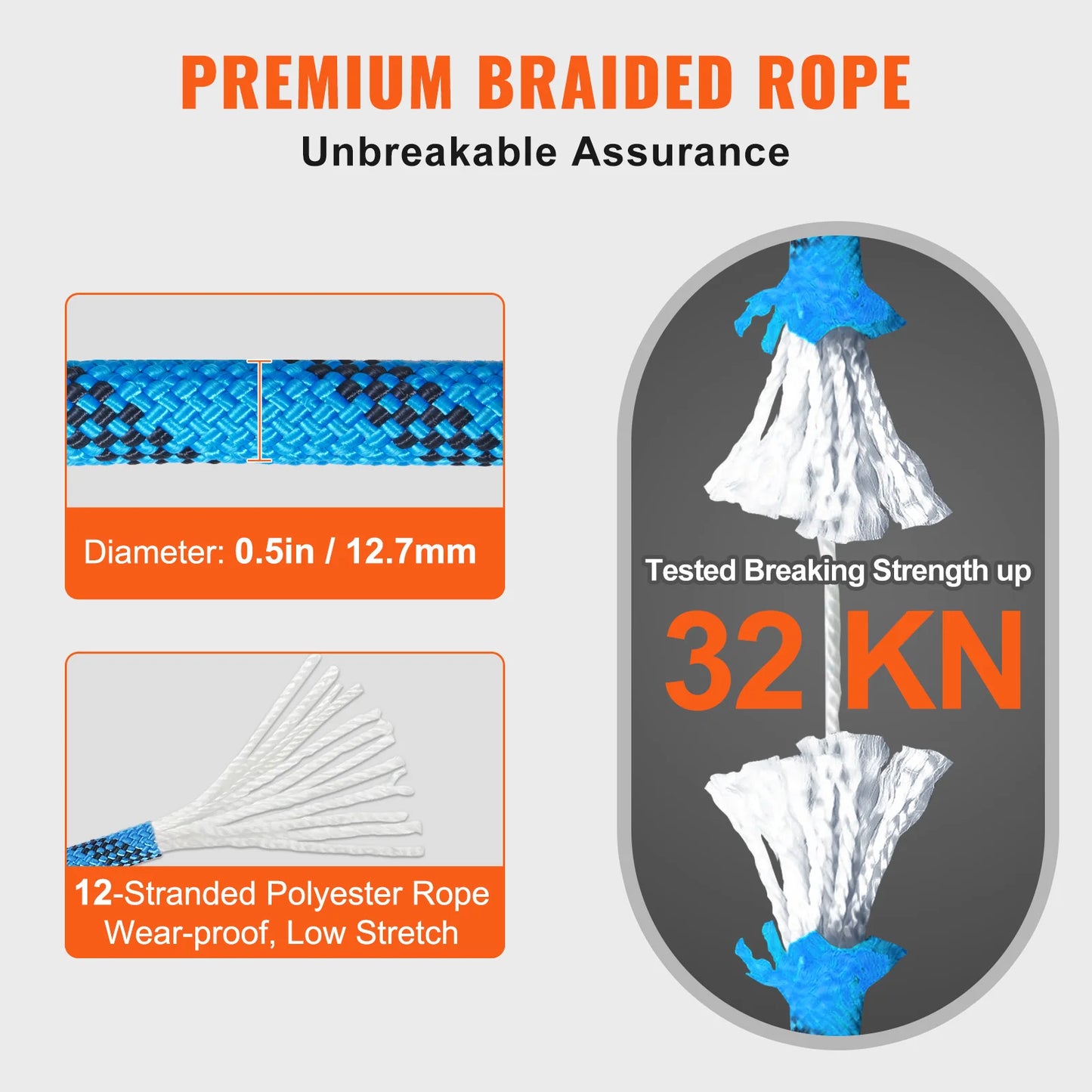 VEVOR 12.7mm Static Climbing Rope 125ft 150ft 200ft 30KN Breaking Strength with Steel Hooks