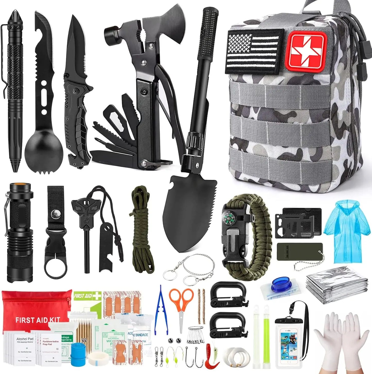 Comprehensive 222 Piece Survival Kit with First Aid Gear for Camping and Outdoor Adventures