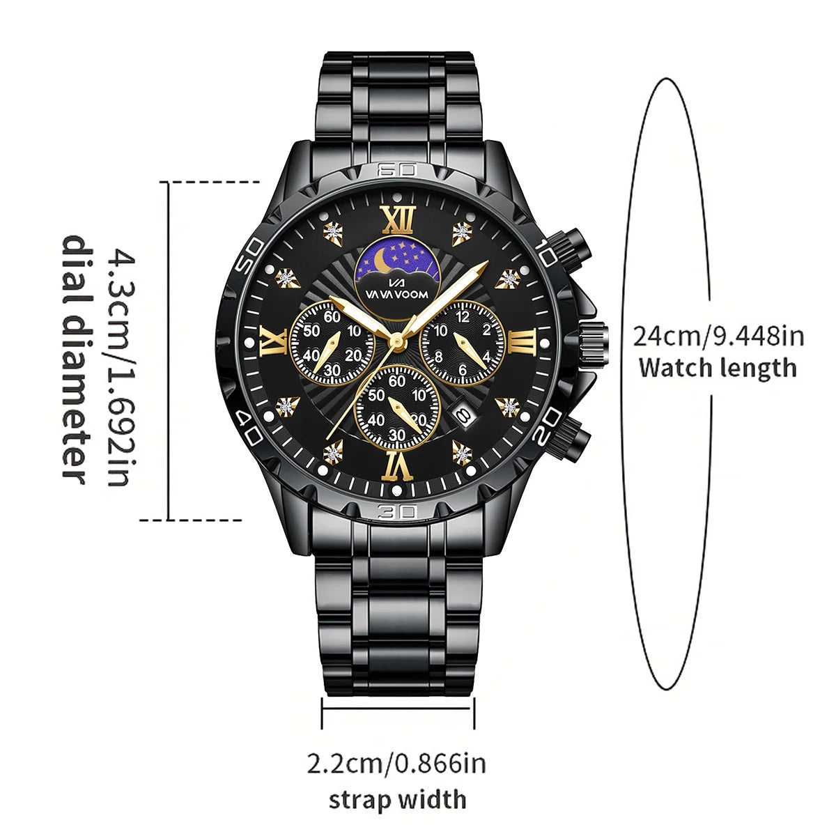 Men's Luxurious Rhinestone Moonlight Quartz Watch Stainless Steel Multifunctional Business
