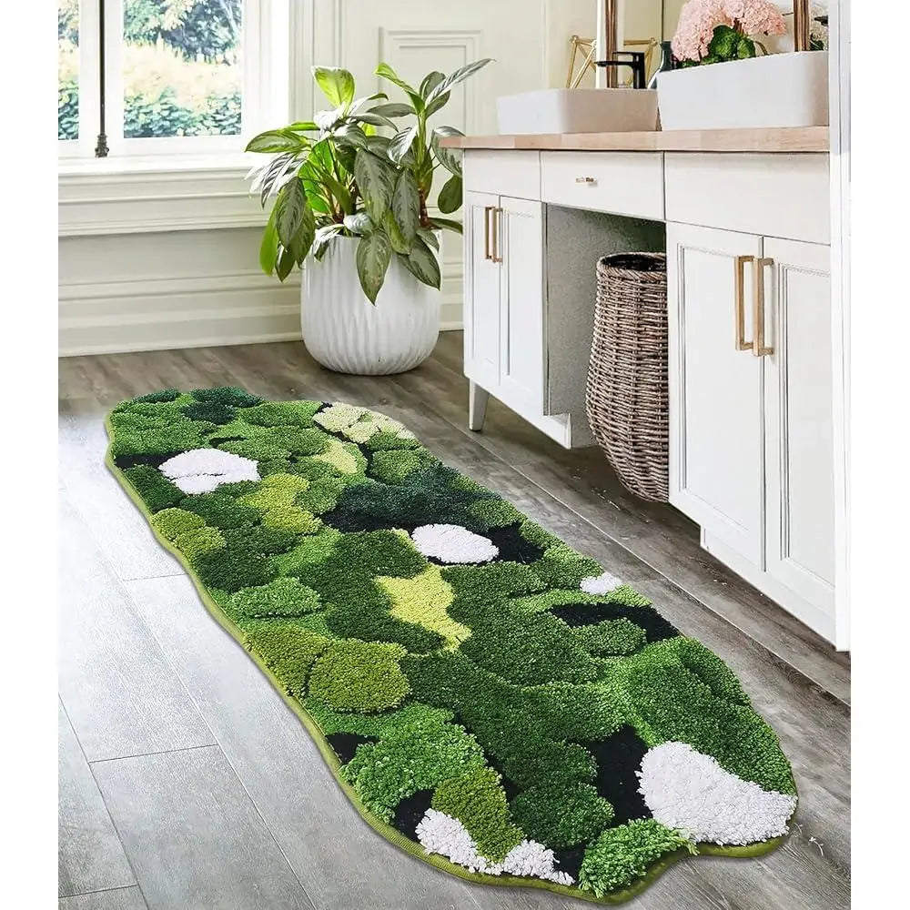 Cute Green Moss Bathroom Runner Rug Shaggy Non Slip Bath Mat Absorbent Shower Carpet Plush Leaf Design Multi Purpose Home Decor