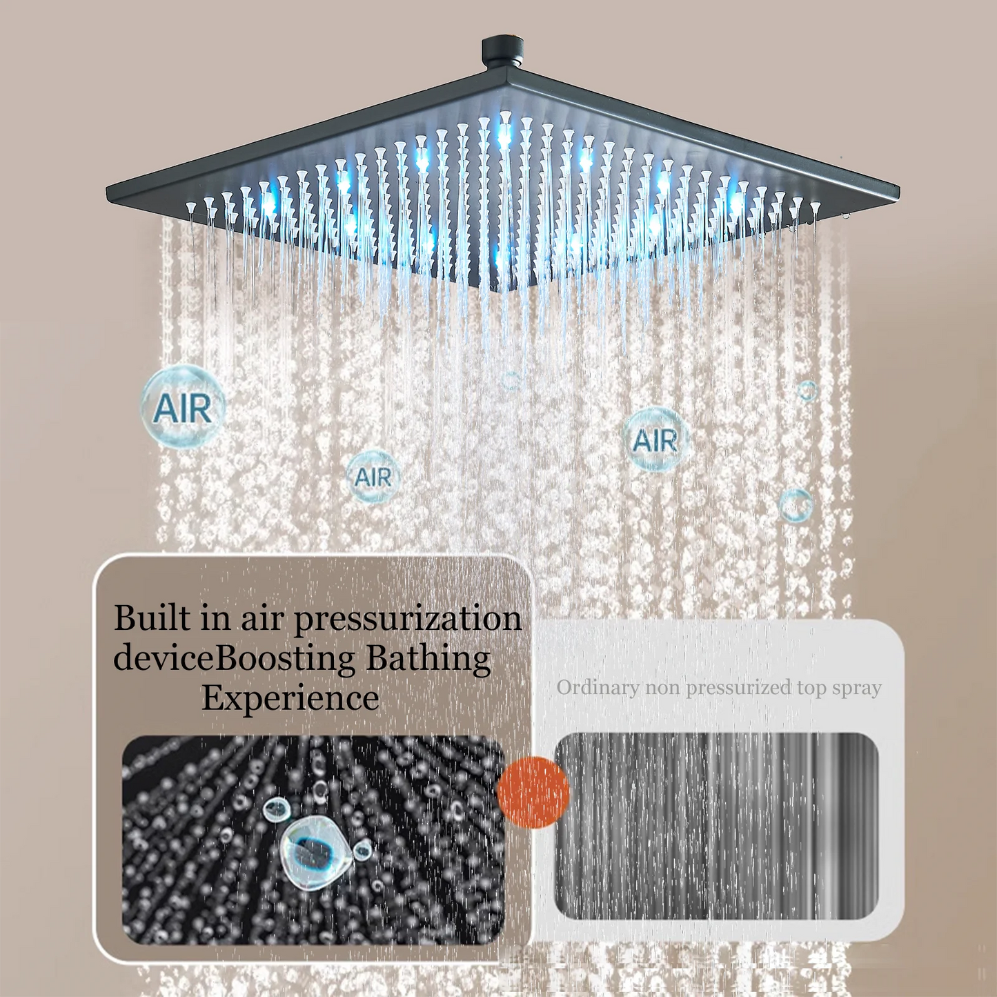 Chrome Bathroom 16inch Large Rainfall Shower Faucet LED Spray Wall Mounted Hot Cold Tap 3 Color Changing Head Home Replace