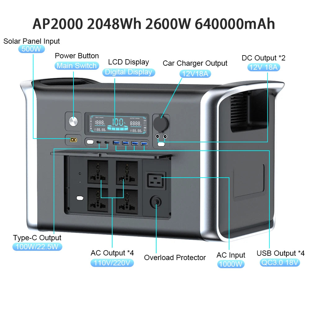 Camping Portable Power Station Solar Generator 1000W 2000W with LiFePO4 Battery