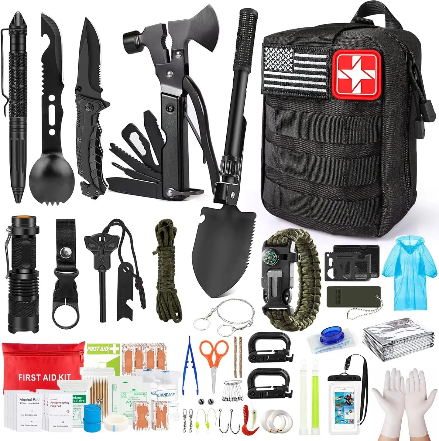 Comprehensive 222 Piece Survival Kit with First Aid Gear for Camping and Outdoor Adventures