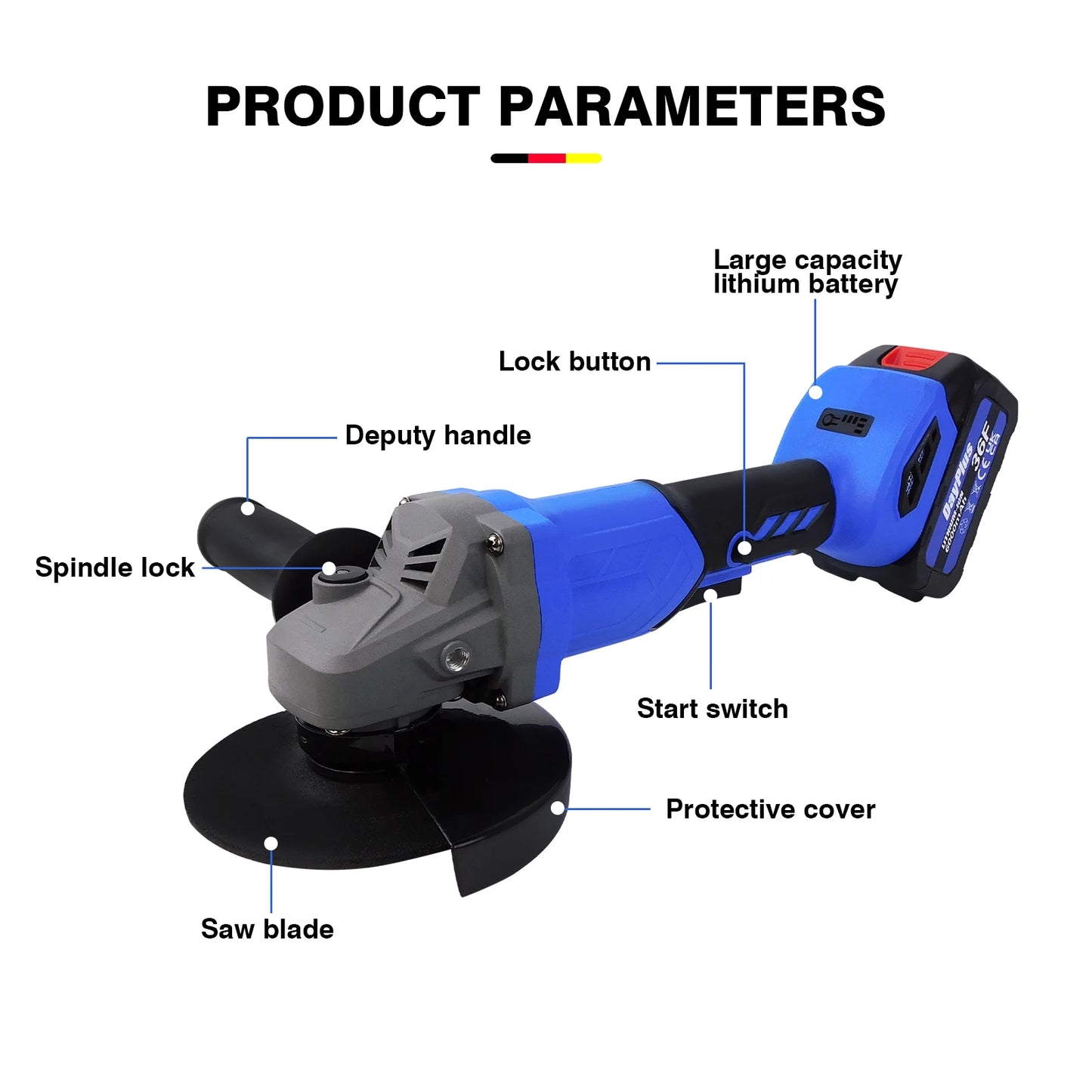 DayPlus 21V Brushless Cordless 115mm Angle Grinder with 3 Speed Modes and Battery Charger