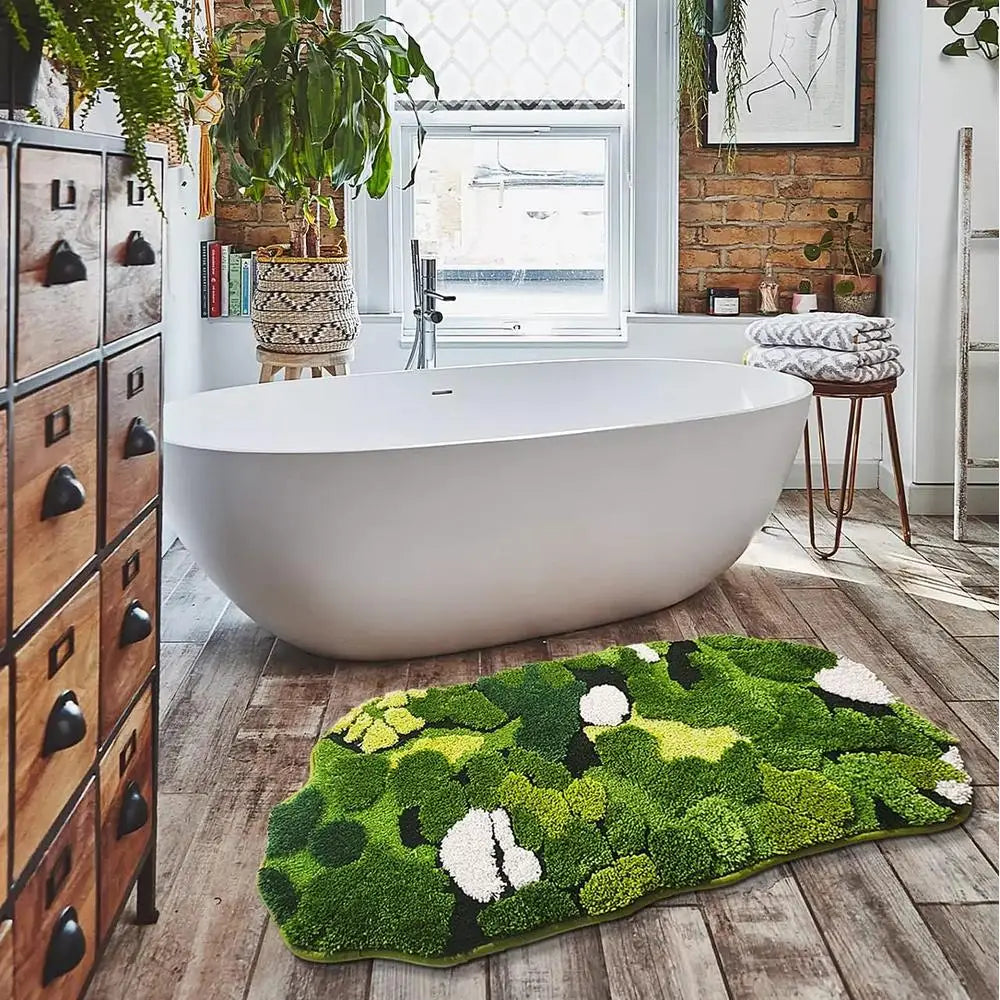 Cute Green Moss Bathroom Runner Rug Shaggy Non Slip Bath Mat Absorbent Shower Carpet Plush Leaf Design Multi Purpose Home Decor