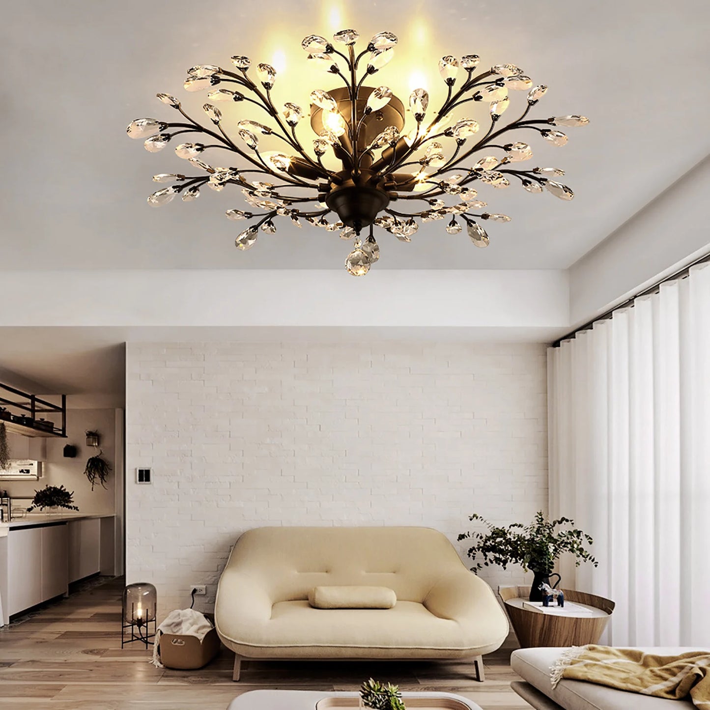 Vintage Crystal Chandelier Ceiling Light, 110V E12 Base LED Ceiling Lamp Fixture, Black Chandelier for Living Room Bedroom Porch