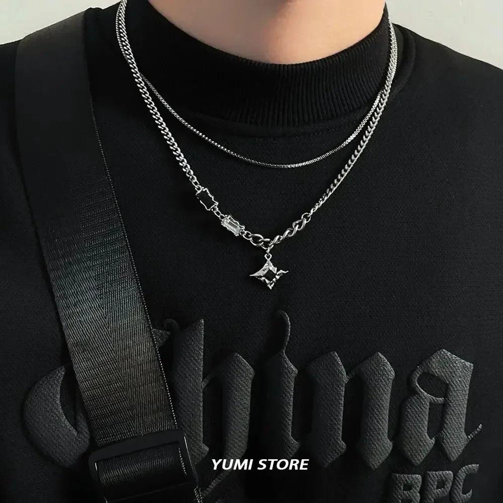 Hip Hop Zircon Star Double Layer Necklace for Men and Women Trendy Titanium Steel Jewelry