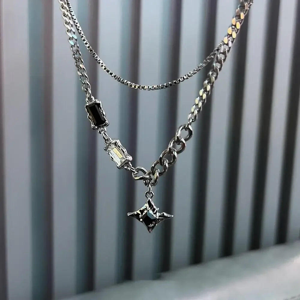 Hip Hop Zircon Star Double Layer Necklace for Men and Women Trendy Titanium Steel Jewelry