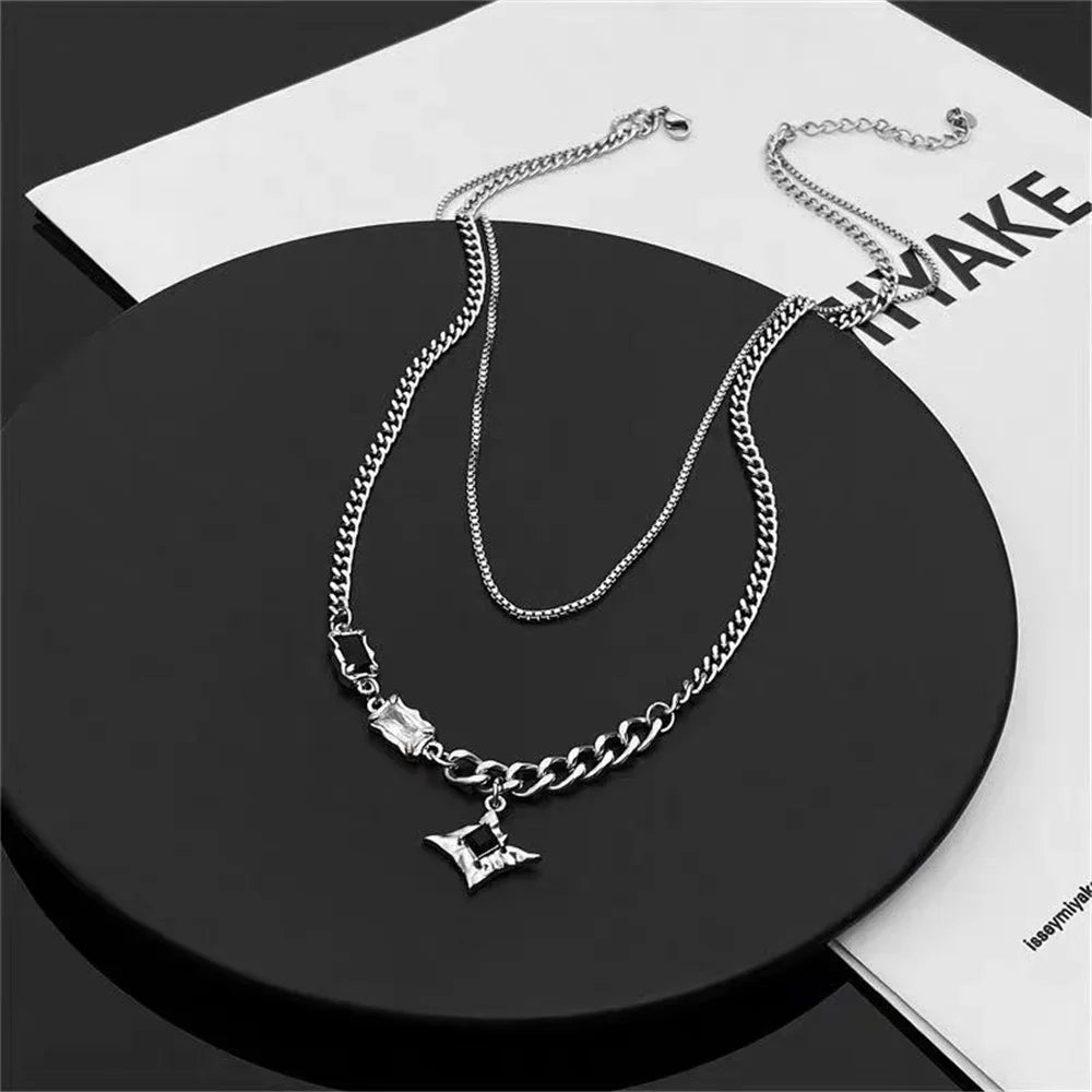 Hip Hop Zircon Star Double Layer Necklace for Men and Women Trendy Titanium Steel Jewelry