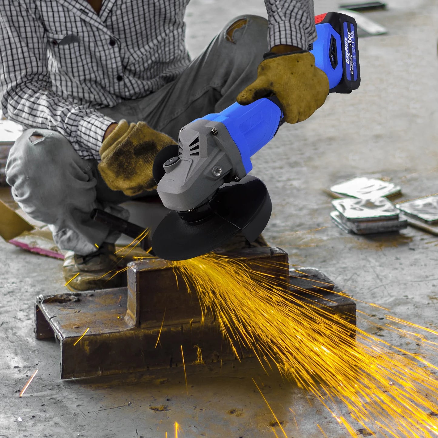DayPlus 21V Brushless Cordless 115mm Angle Grinder with 3 Speed Modes and Battery Charger