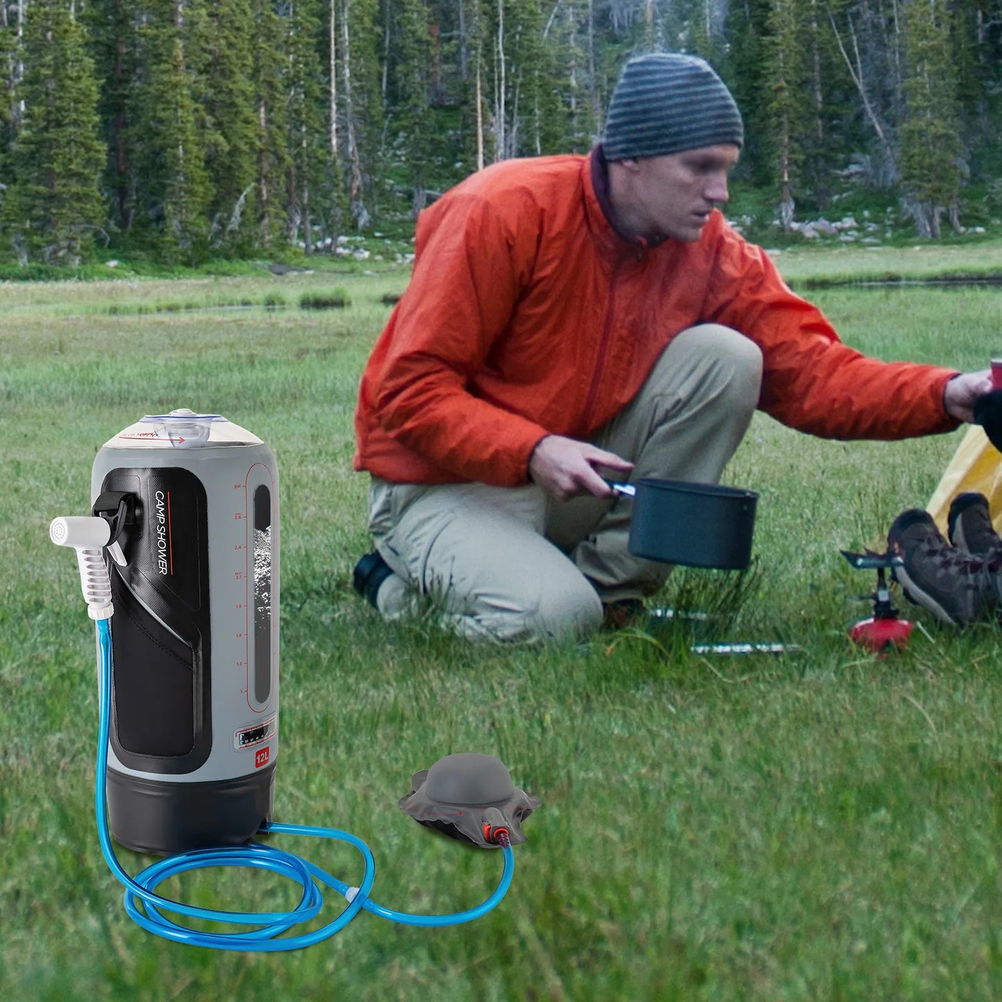 12L Portable Garden Shower with Pump Removable Pressure Camp Shower for Outdoor Travel