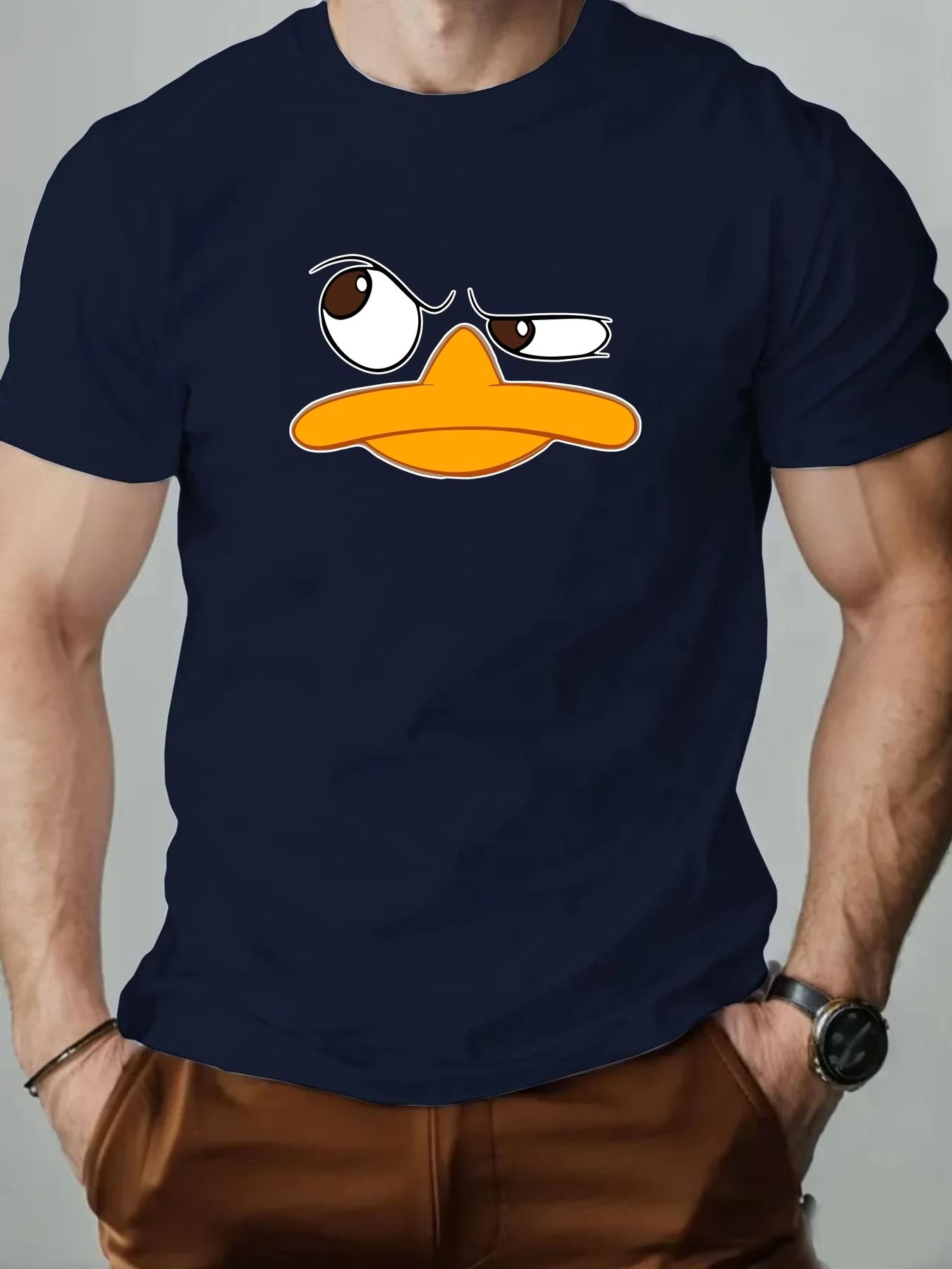 Men's Funny Duck Cartoon Print Cotton T Shirt Casual Summer Round Neck Short Sleeve Top