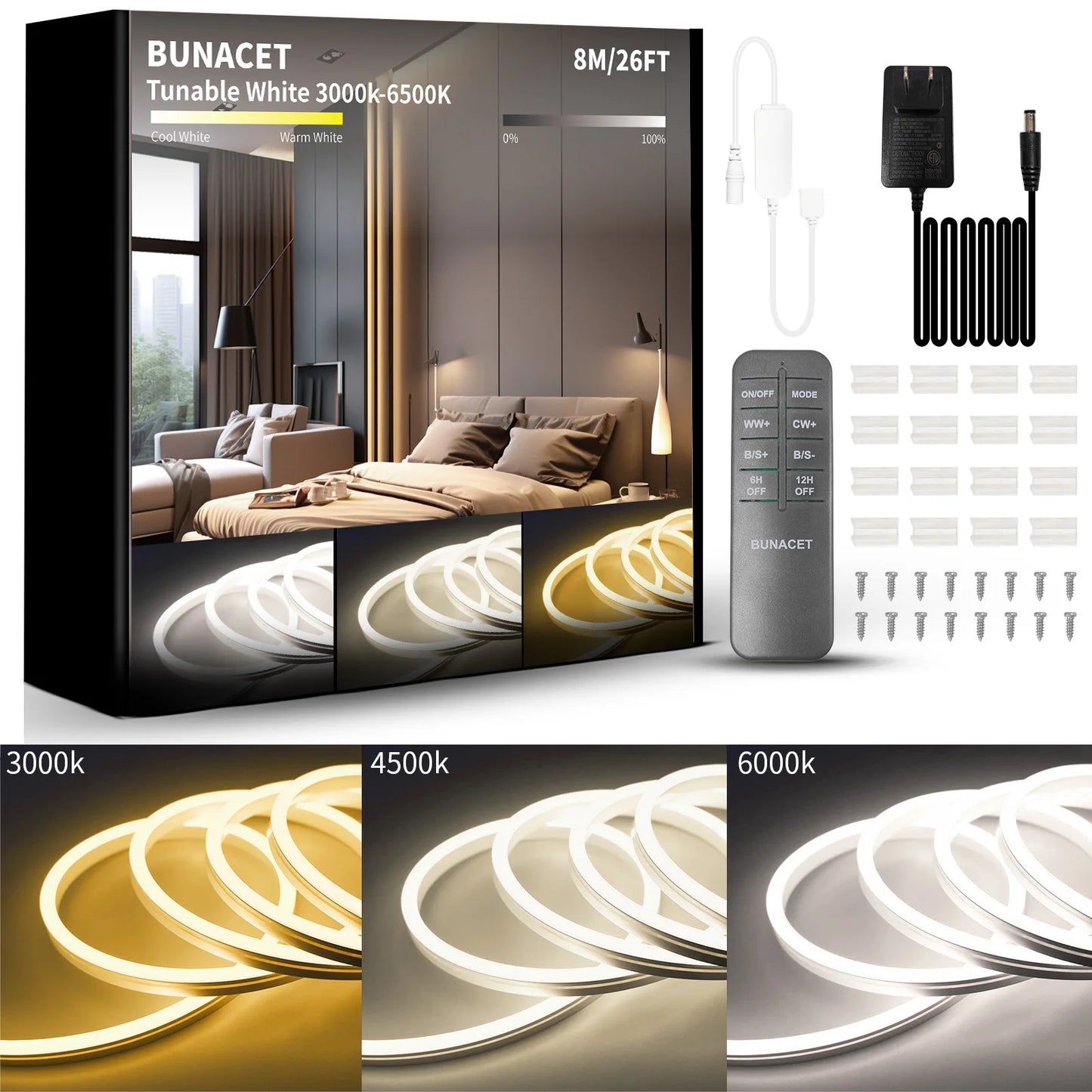 Outdoor Led Strip Lights 8M 16M 3000K-6500K IP67 Waterproof Tunable Lights RF Remote with 24V DC Dimmable Neon Rope Lights Decor