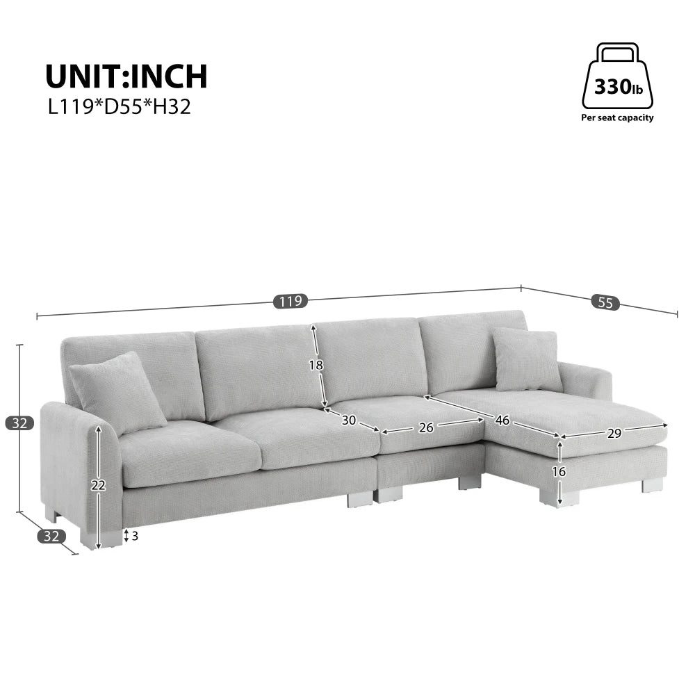119*55" Modern Oversized Sectional Sofa,L-shaped Luxury Couch Set with 2 Free pillows,5-seat Chenille Furniture with Chaise