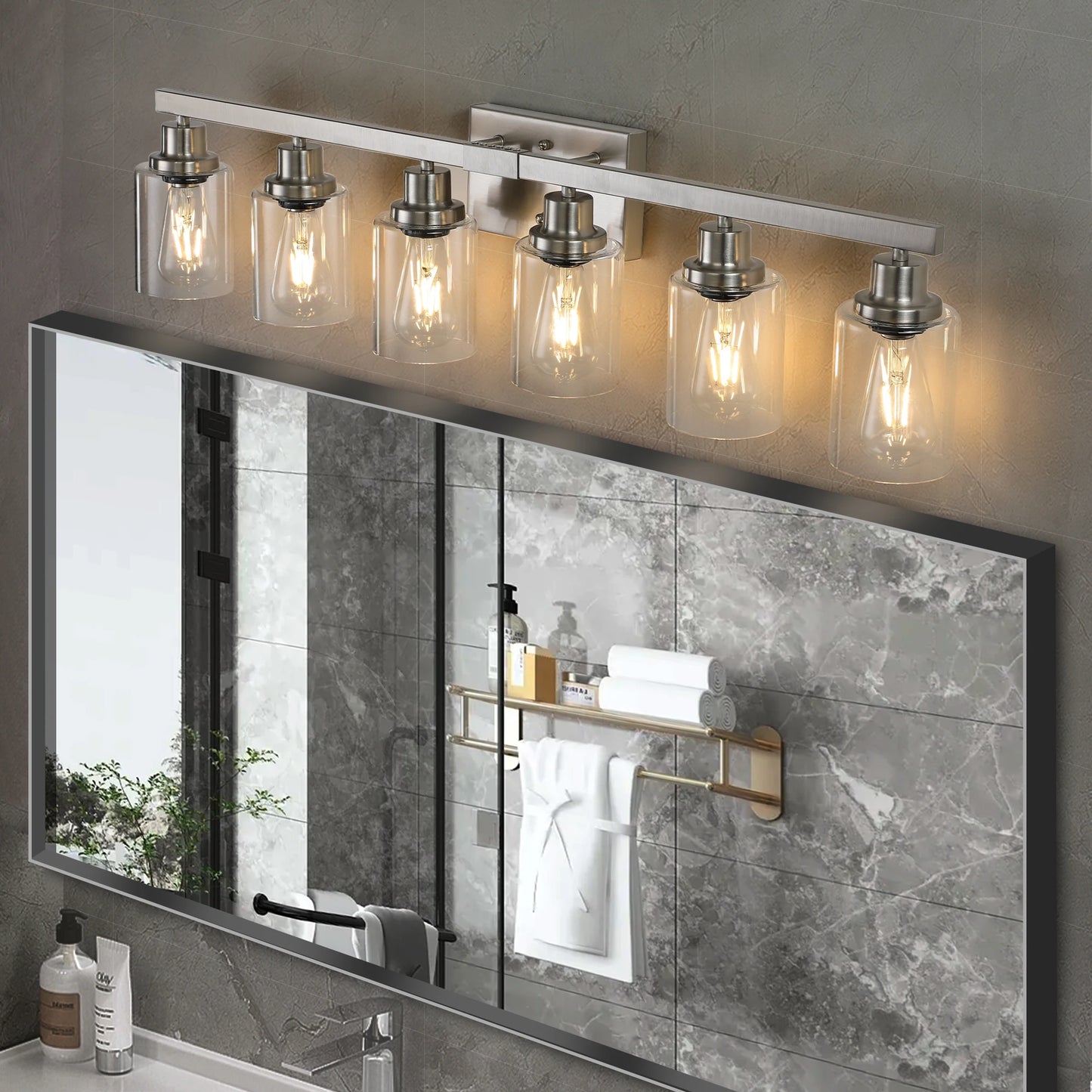 6-Light Bathroom Vanity Light Industrial Metal Fixture with Clear Glass Shades Wall Mount Mirror Lighting for Bathroom (No Bulb)