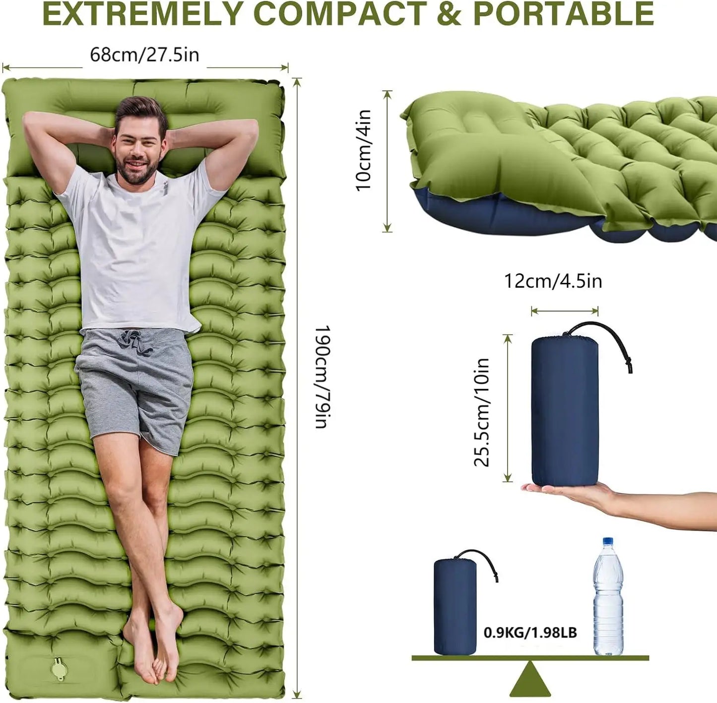 Super Thick 4 Inch Inflatable Sleeping Mat with Pillow and Built-In Pump for Camping