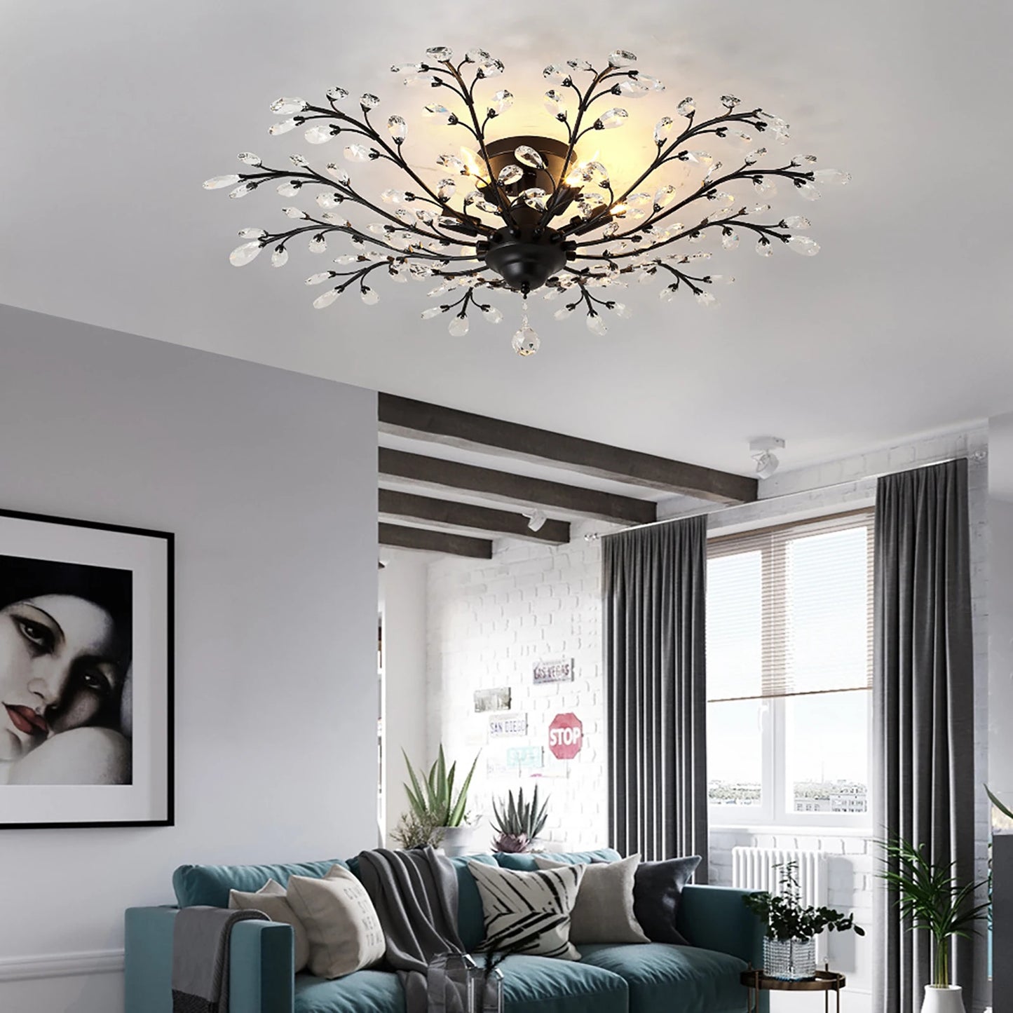Vintage Crystal Chandelier Ceiling Light, 110V E12 Base LED Ceiling Lamp Fixture, Black Chandelier for Living Room Bedroom Porch