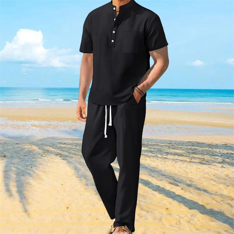 Men's Casual 2 Piece Outfit Short Sleeve Henley Top and Drawstring Pants Set