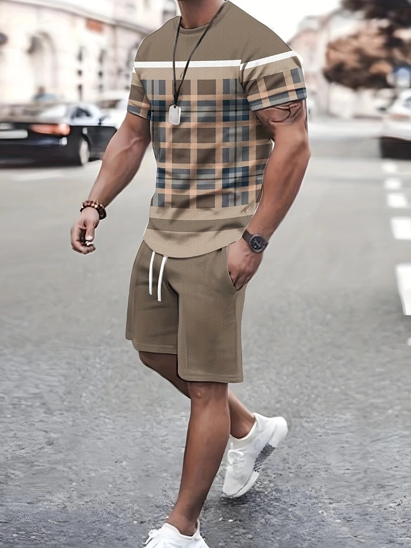 Men's Trendy 3D Printed Round Neck Short Sleeve Summer Two Piece Suit