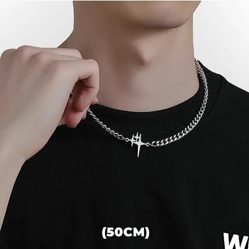 Hip Hop Zircon Star Double Layer Necklace for Men and Women Trendy Titanium Steel Jewelry