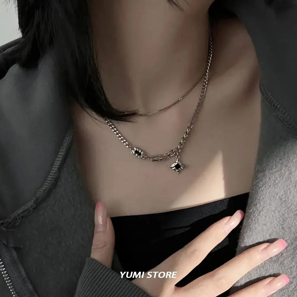 Hip Hop Zircon Star Double Layer Necklace for Men and Women Trendy Titanium Steel Jewelry
