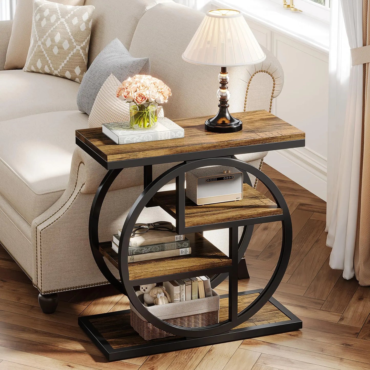 Tribesigns End Table for Living Room, 4-Tier Narrow Side Table with Storage Shelves, Industrial Bedside Table for Bedroom, Wood
