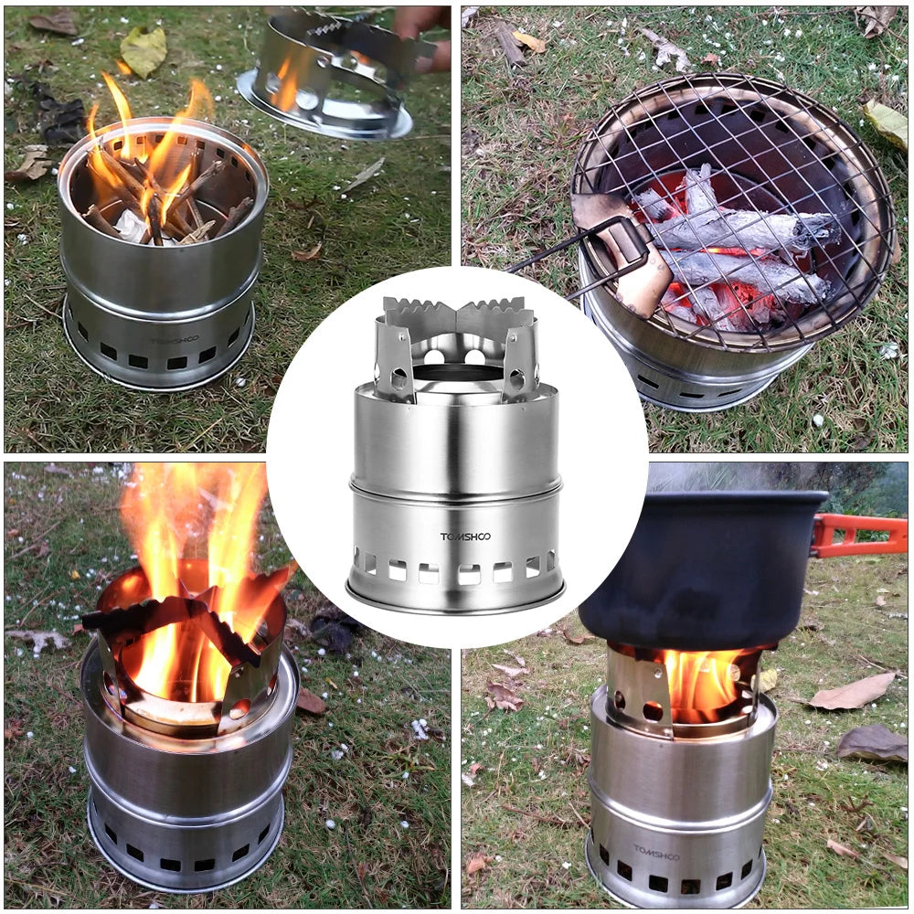 Portable Windproof Camping Stove with Foldable Handle and Wood Ash Plate for Backpacking