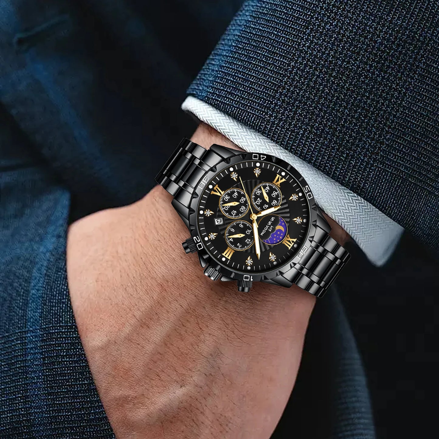 Men's Luxurious Rhinestone Moonlight Quartz Watch Stainless Steel Multifunctional Business